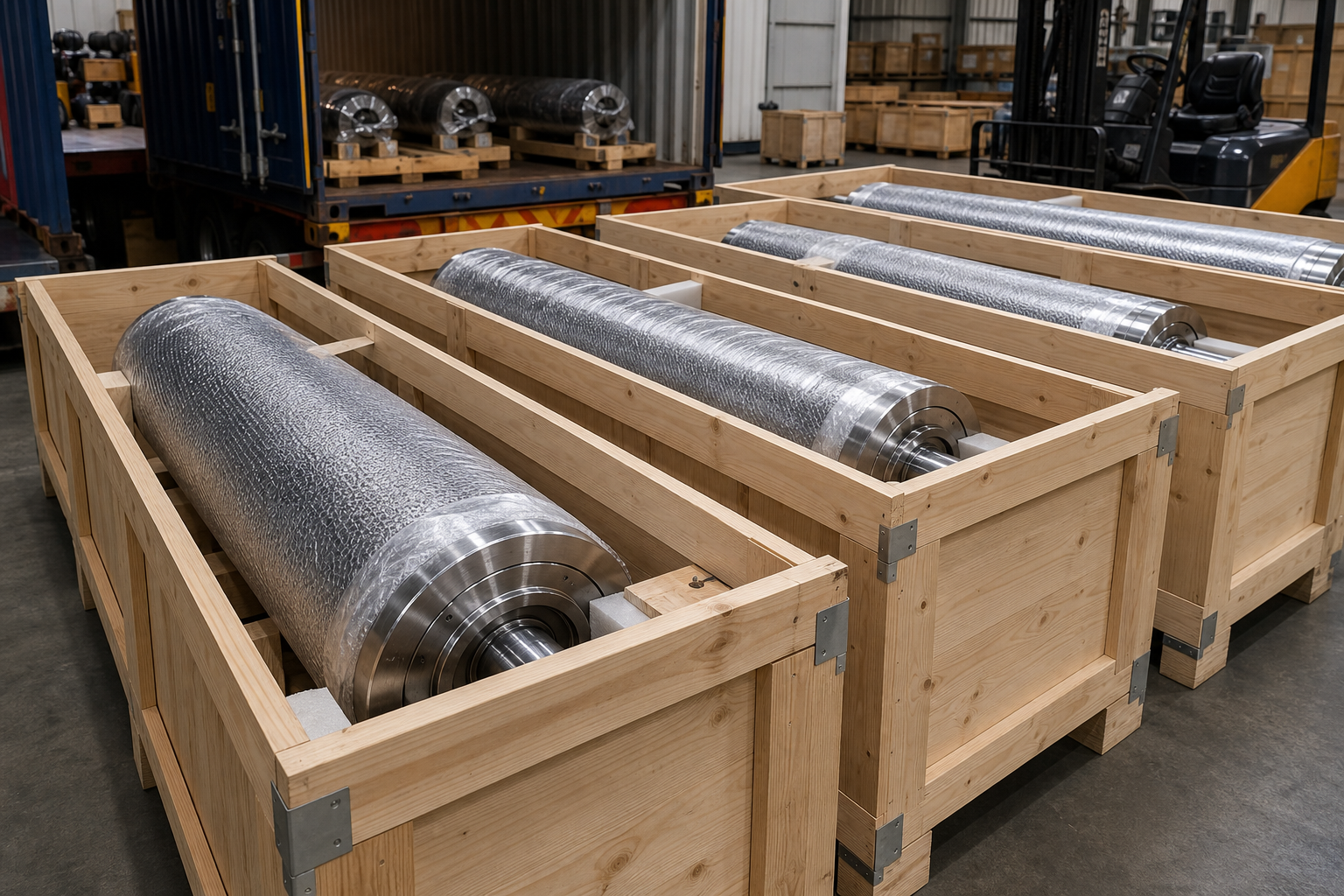 Embossing rolls packed in wooden crates for global export